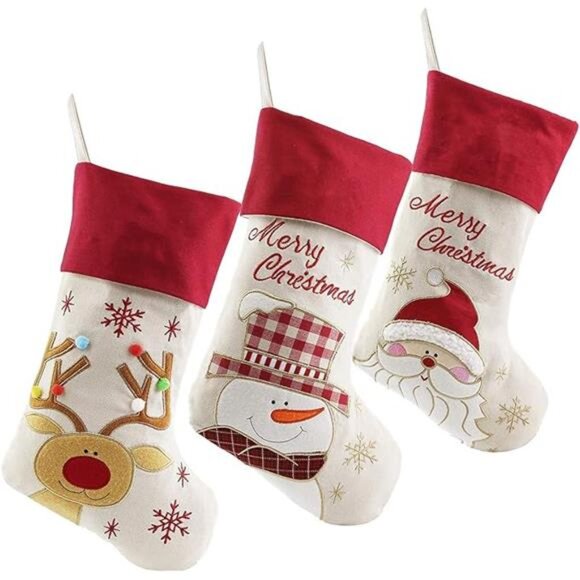 Vintage Christmas Stockings Set of 3 Santa, Snowman, Reindeer, Xmas Character - Picture 4 of 4